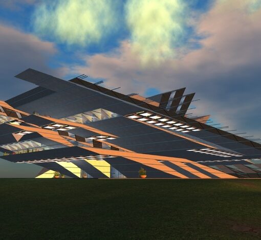 An ultramodern building, created by virtual architect Scope Cleaver, that served as the Virtual Embassy for Estonia, circa 2007-2009. Picture taken by Distant Signals.