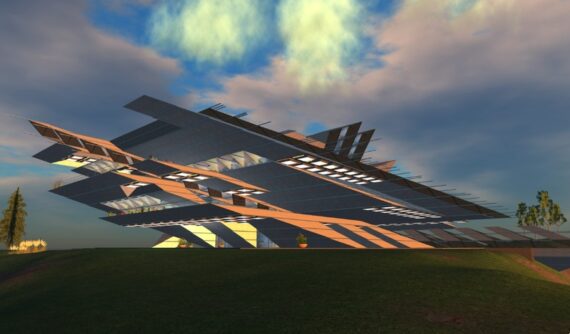 An ultramodern building, created by virtual architect Scope Cleaver, that served as the Virtual Embassy for Estonia, circa 2007-2009. Picture taken by Distant Signals.